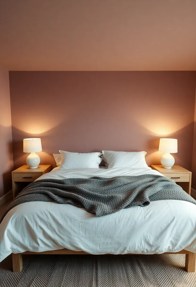 basement bedroom with dusty mauve walls and soft bedding in neutral tones