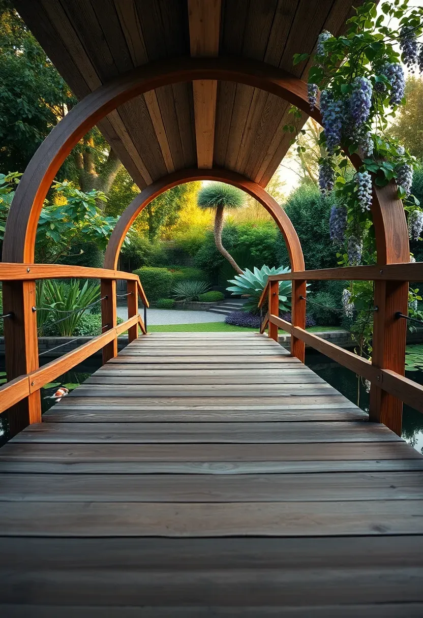 Arched wooden bridge spanning a wide koi pond in a lush garden setting with koi visible in the water below
