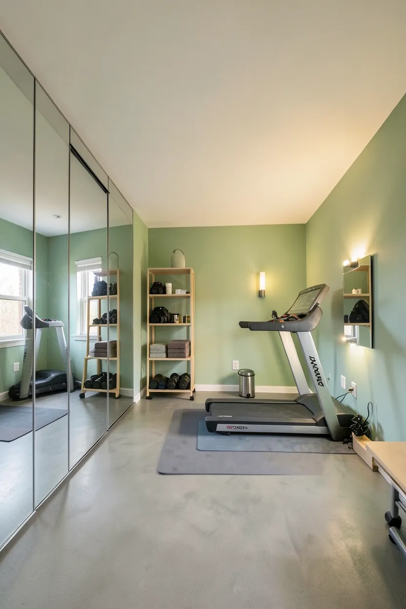 Spare bedroom converted into a home gym with floor-to-ceiling mirrors, dumbbell rack, and sage green walls for a calming workout atmosphere
