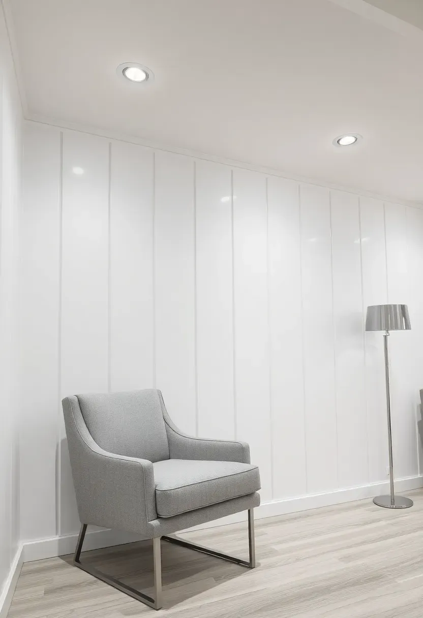 white PVC wall panels installed on a basement wall with recessed LED lighting and modern furniture nearby