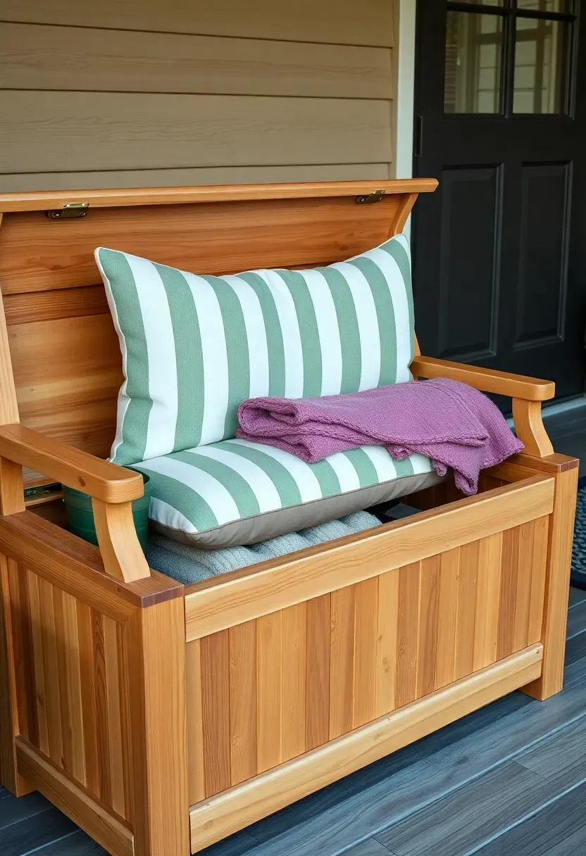 Wooden storage bench with hinged lid on a front porch, cushion on top, with shoes and blankets stored inside