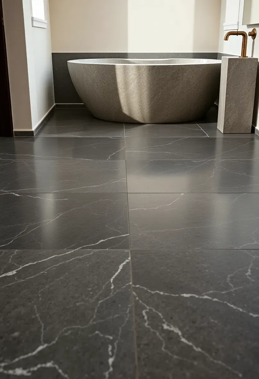 Polished granite slab bathroom floor in deep grey with warm white walls and freestanding stone tub