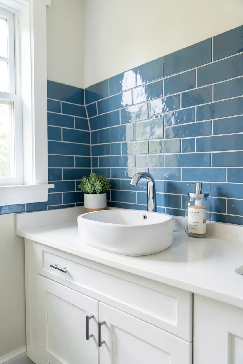 White Cabinetry with Blue Backsplash