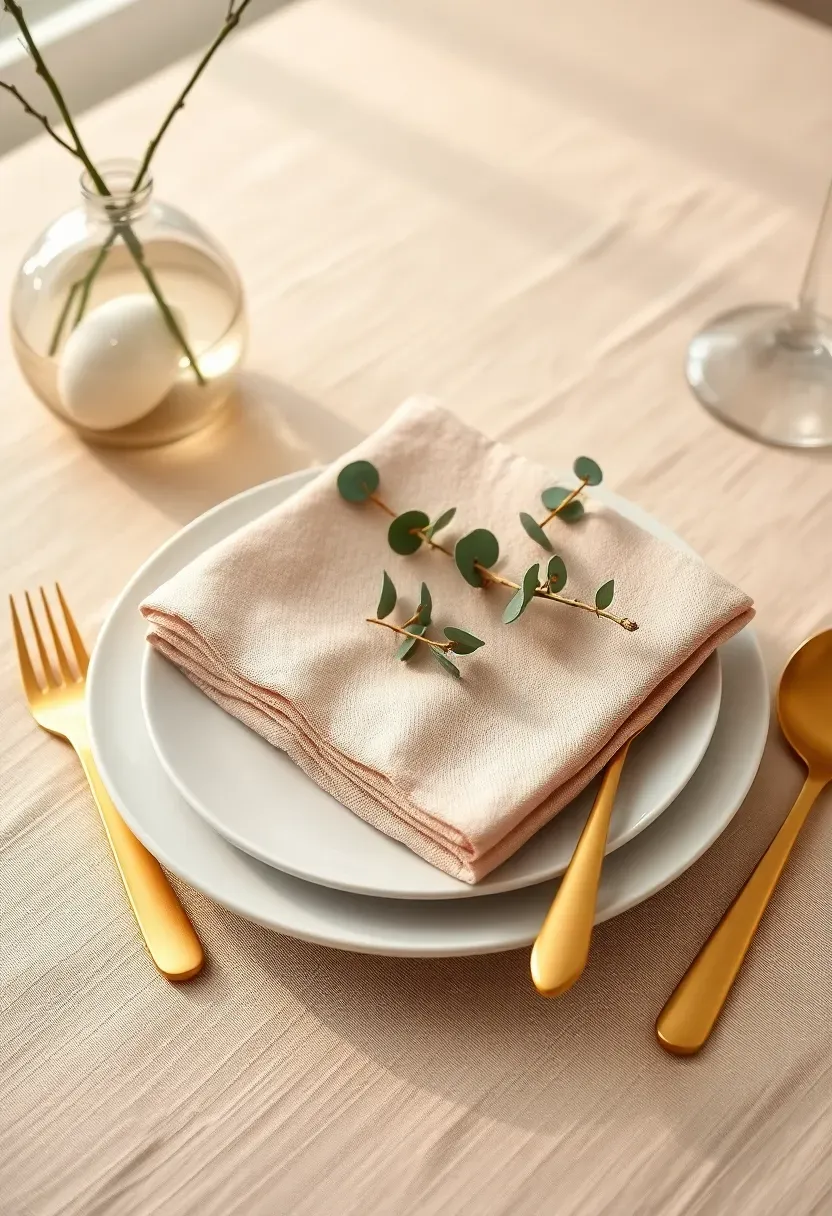 pastel linen table setting with layered napkins and gold flatware for Easter
