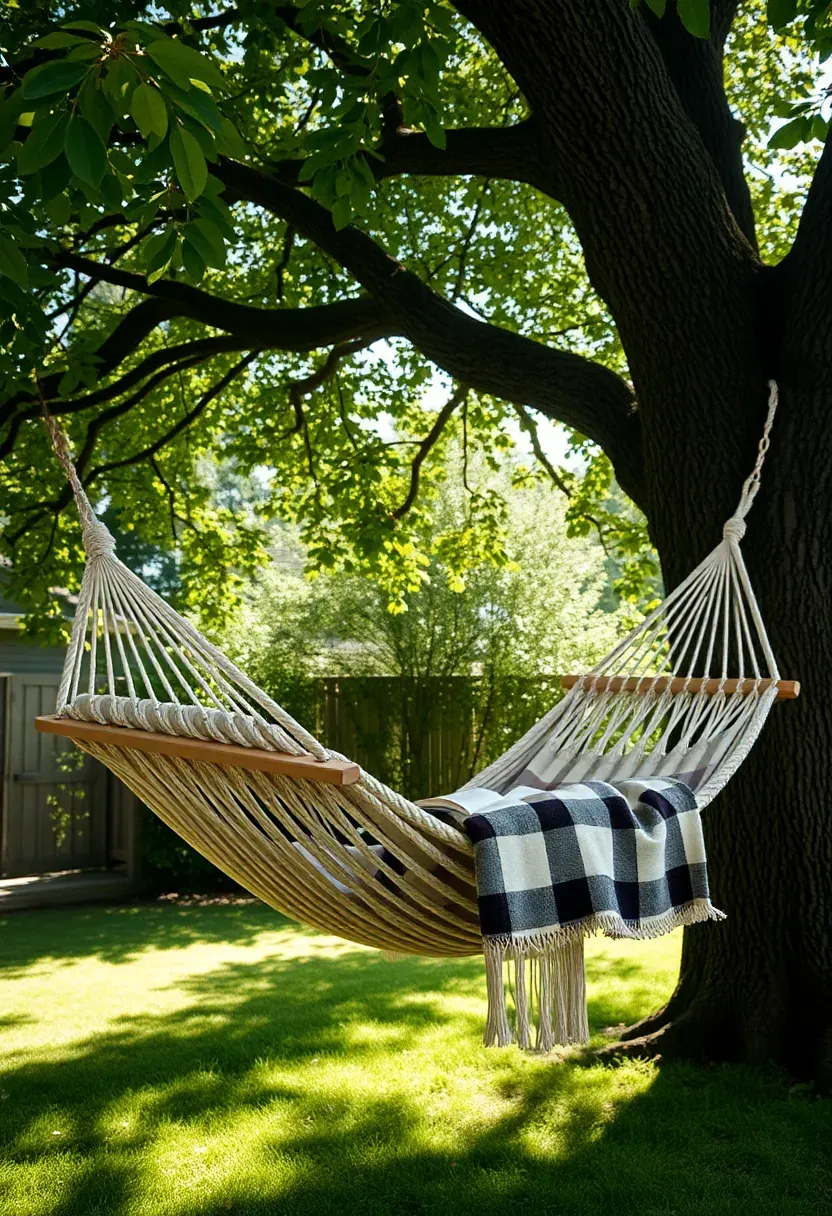 Cotton rope hammock strung between two mature oak trees in a shaded backyard with a book and blanket draped over the edge