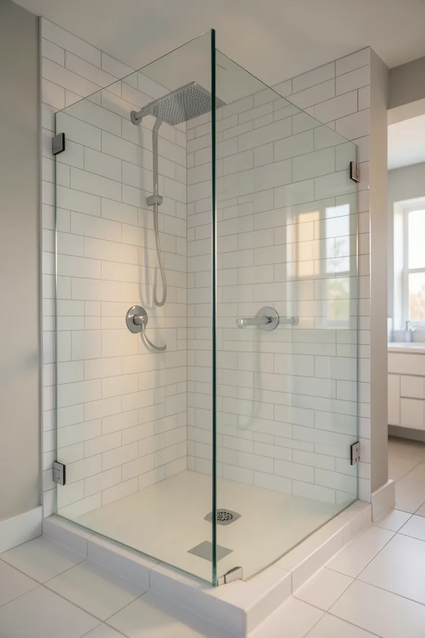 Frameless clear glass shower enclosure with minimal hardware in a bright compact apartment bathroom