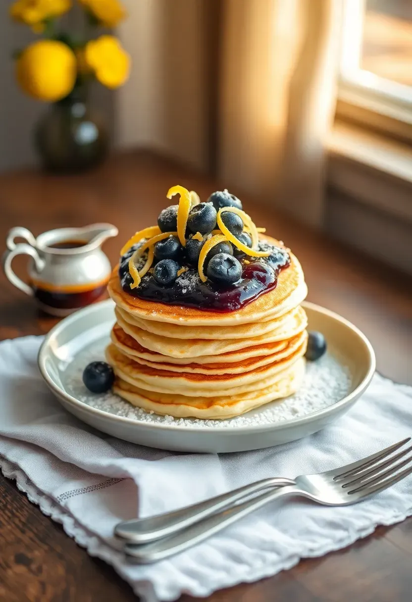 stack of fluffy lemon ricotta pancakes on a ceramic plate with blueberry compote lemon zest curls and powdered sugar in soft morning light