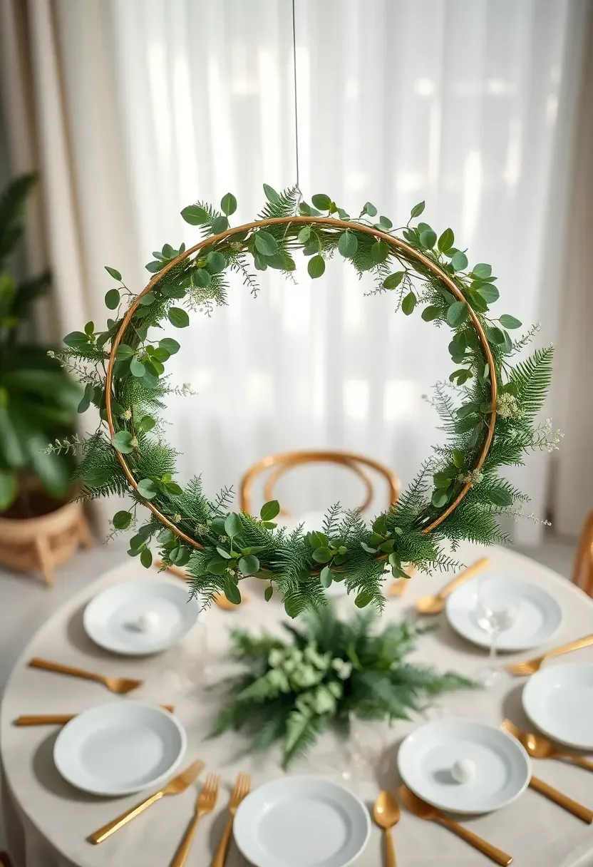 elegant greenery hoop centerpiece with eucalyptus ferns and baby breath hanging above a round baby shower table setting