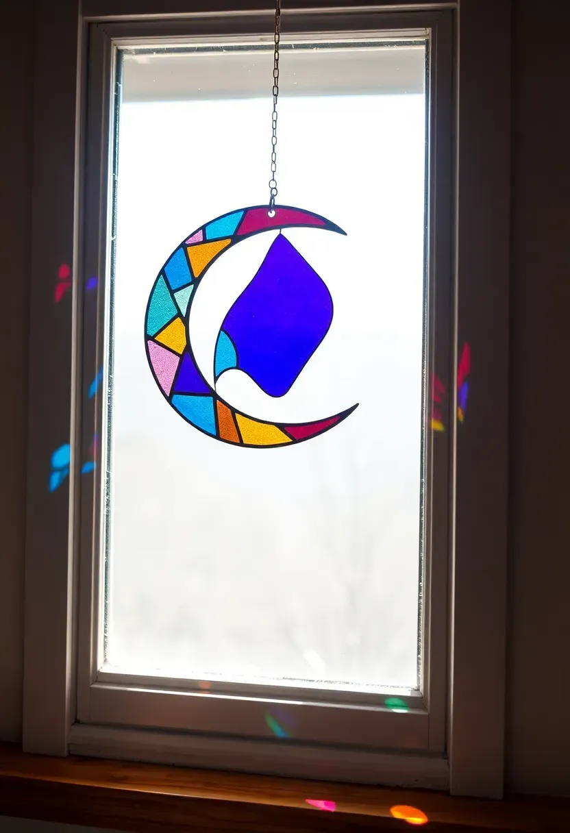 Handmade stained glass crescent moon suncatcher hanging in a window casting colorful light patterns on a bedroom wall