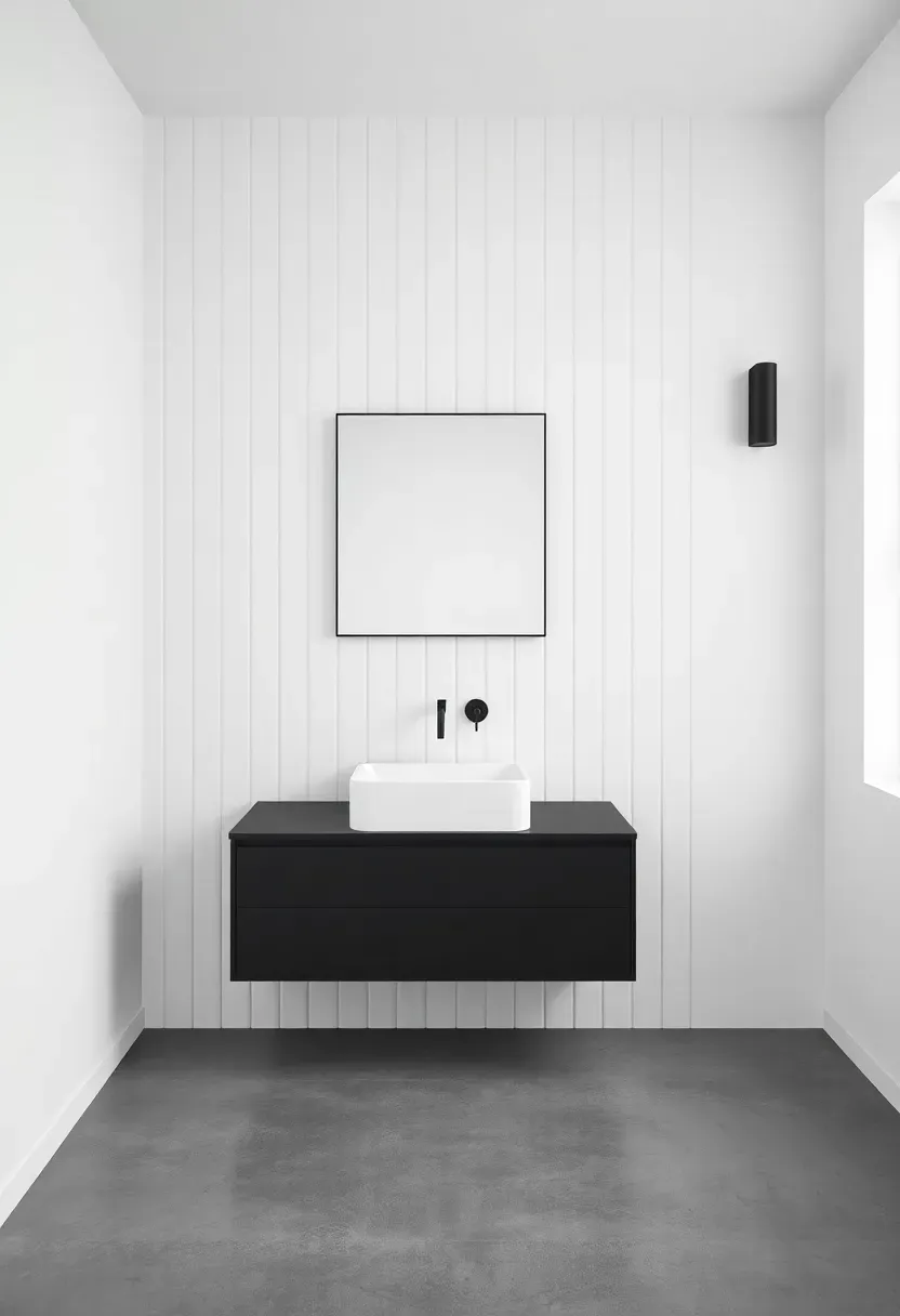 Vertical subway tile stack bond accent wall in matte white in a minimalist bathroom with black vanity and concrete floor