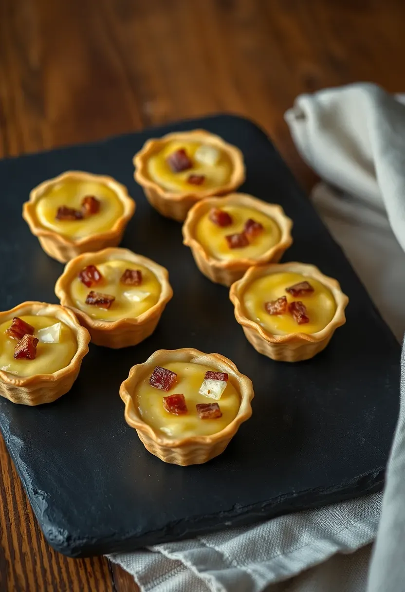 mini quiche lorraine bites in golden pastry shells with bacon and gruyere arranged on a slate platter
