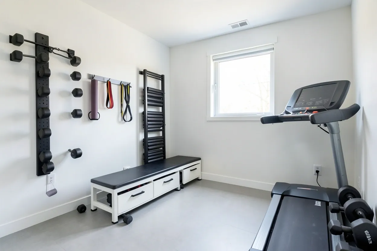 Small gym room with wall-mounted dumbbell rack, vertical mat storage, and pegboard organizer keeping compact workout space clutter-free