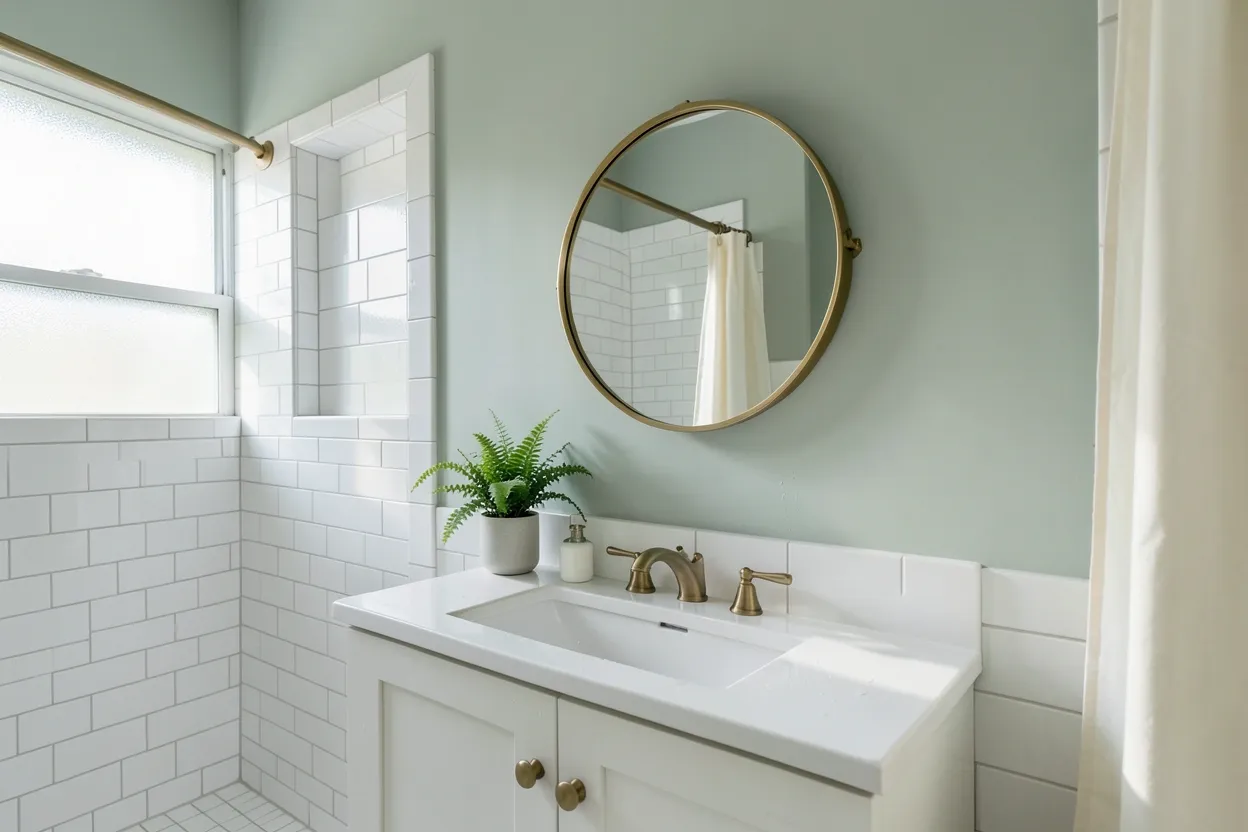 Collage of green bathroom ideas featuring sage green walls, olive vanity with brass hardware, and emerald accent tiles for a calm modern rental bathroom