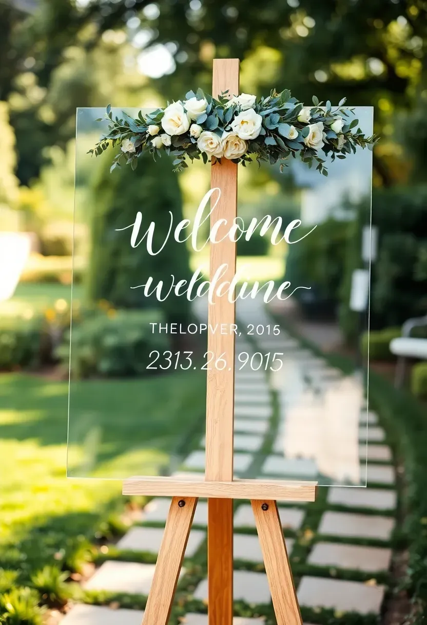 A hand-lettered acrylic welcome sign on a wooden easel at the entrance to a backyard wedding with greenery garland draped around the easel