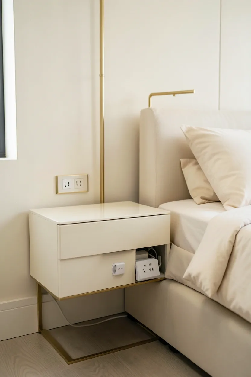 Nightstand with flush pop-up outlet and hidden USB charging ports in a clean modern luxury bedroom