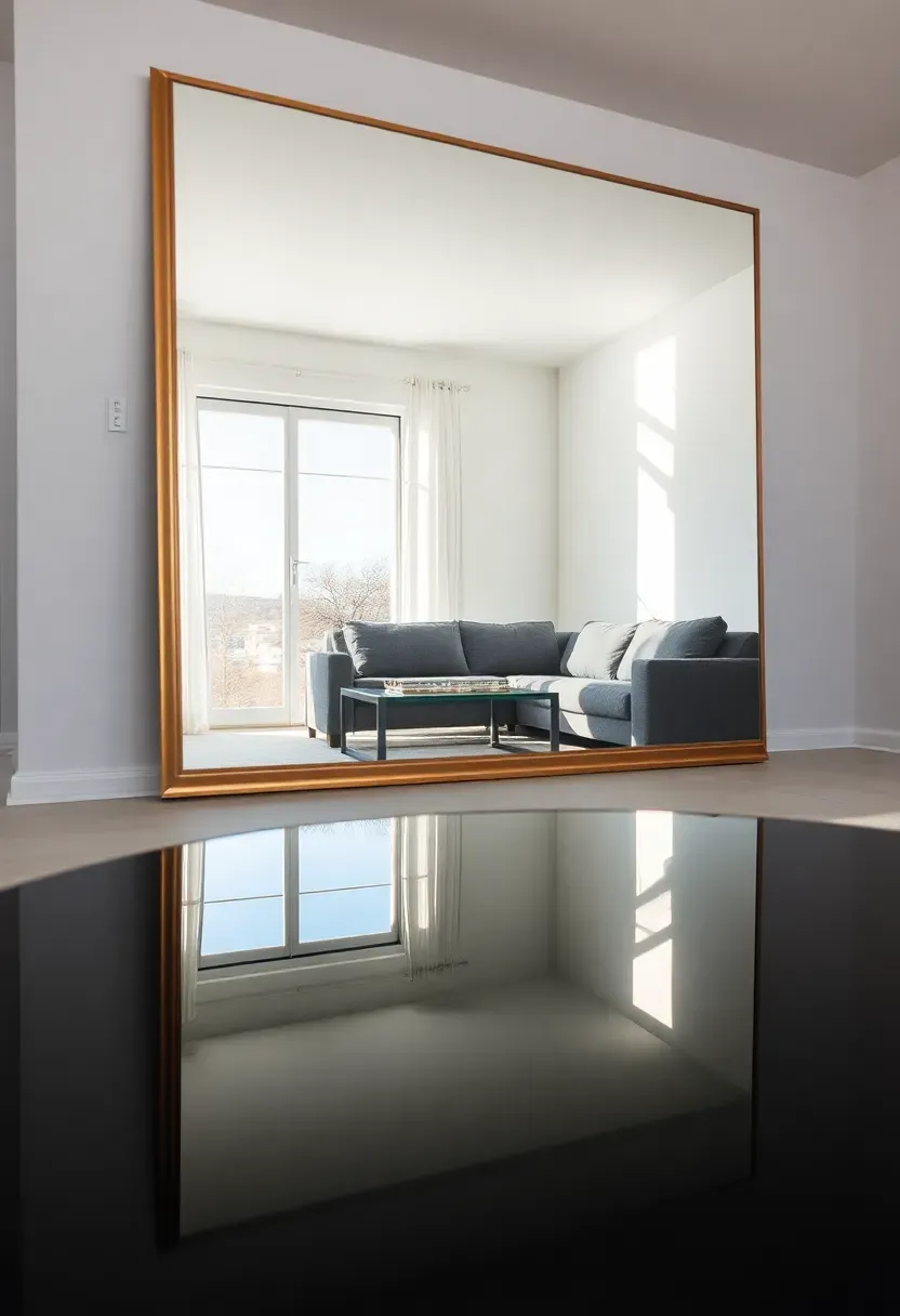 Hyper-realistic view of minimalist living room featuring large floor mirror reflecting window and opposite wall, glossy black coffee table surface reflecting ceiling, white walls, gray sofa, amplified natural light. Materials: large framed floor mirror, glass and metal coffee table, white walls. Bright reflective mood, mirror doubling space, shallow depth of field, no text, no logos.</p>