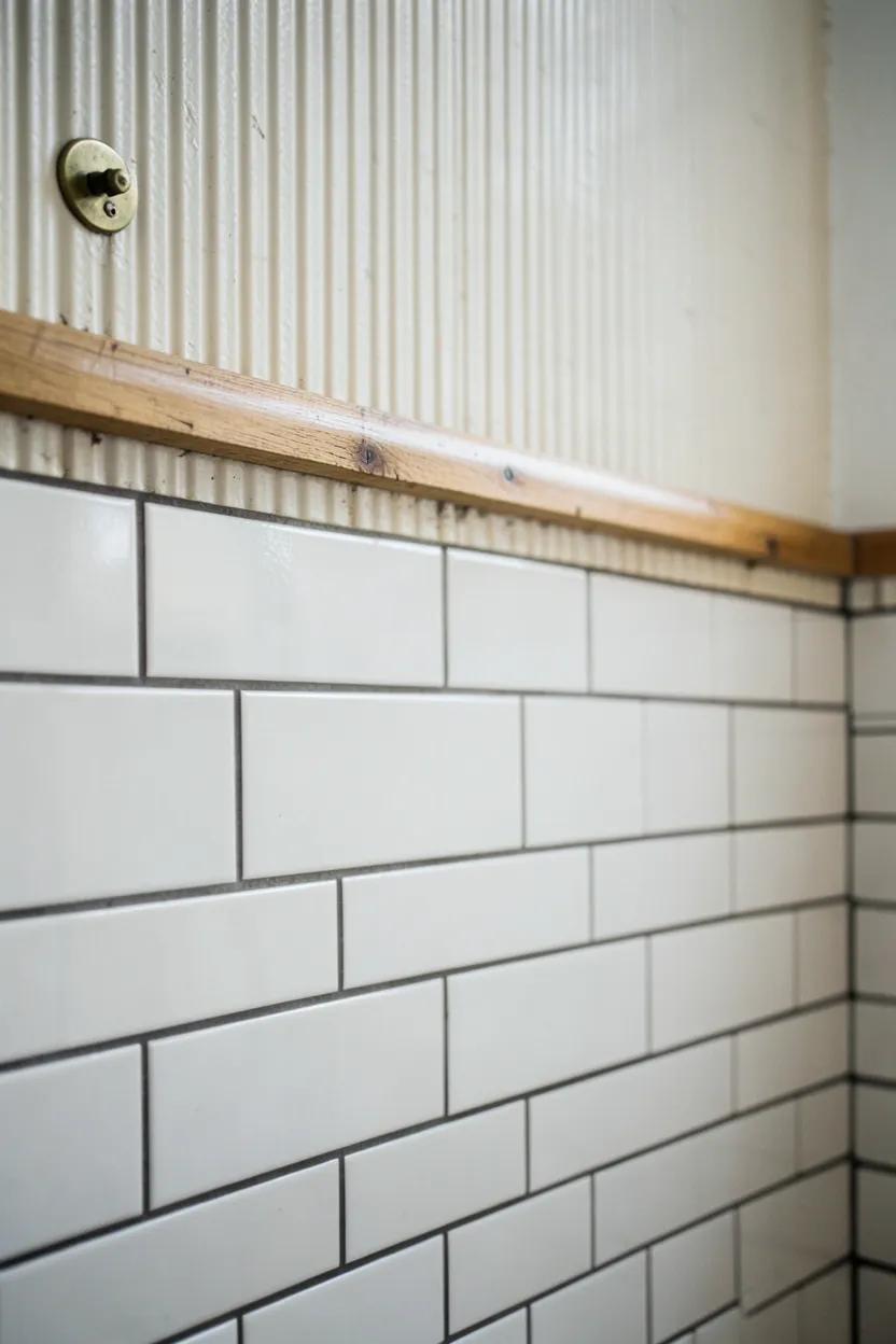 Farmhouse kitchen with white subway tile backsplash and beaded board wainscoting above in cream and soft gray