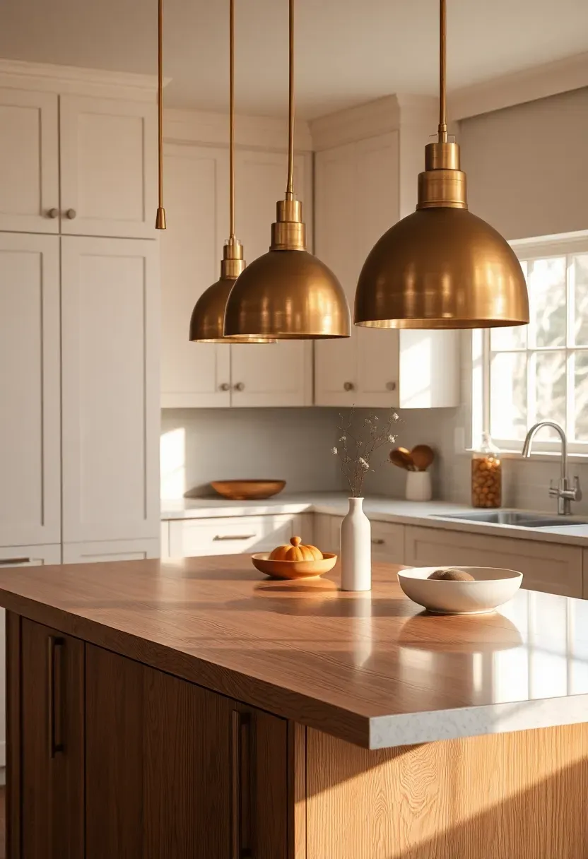 Brushed brass pendants over wood