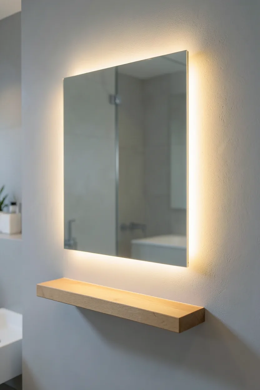 Frameless backlit mirror with warm dimmable LED glow above a modern bathroom vanity
