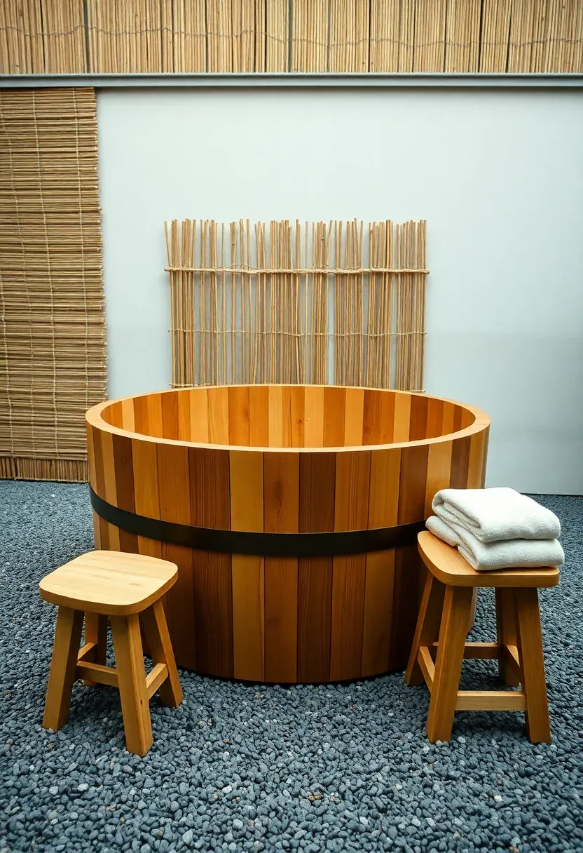 A deep round wooden Japanese soaking tub on a gravel pad surrounded by bamboo fencing and a simple wooden stool nearby