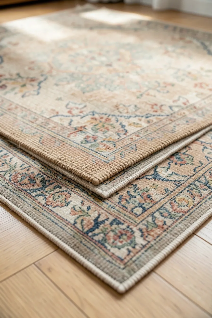 Layered woven jute rug with vintage Persian rug in a cozy modern farmhouse living room seating area