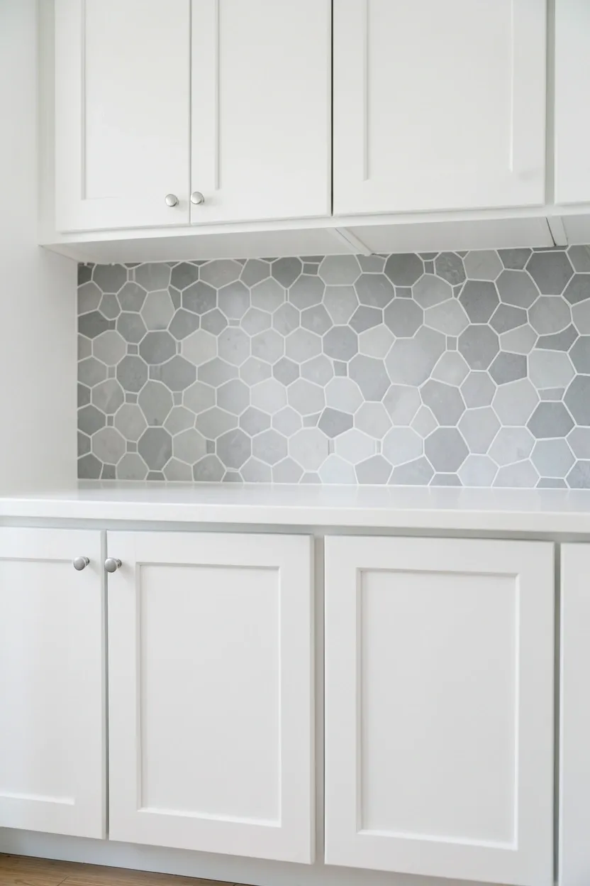 White shaker cabinets with gray hexagon tile backsplash and white grout in a contemporary rental kitchen