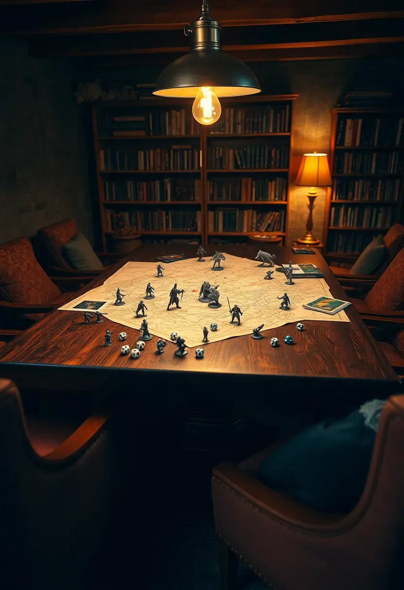 basement room with large wooden table covered in maps and miniatures for tabletop roleplaying games