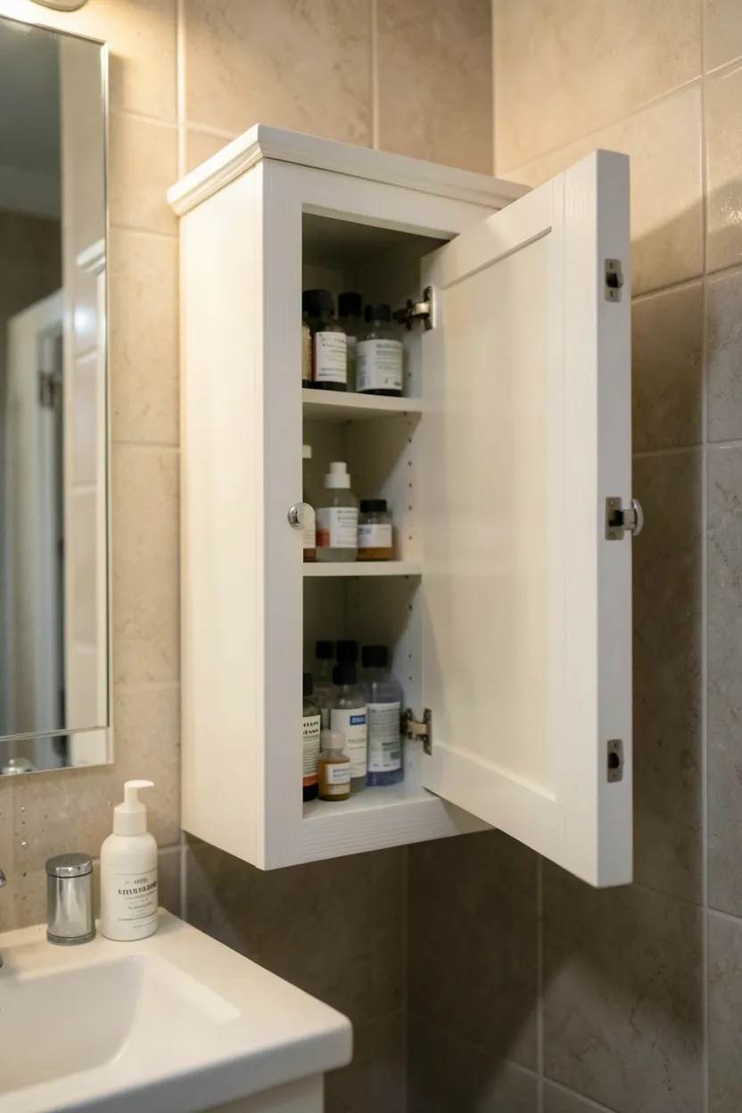 Wall-mounted medicine cabinet with hidden compartments behind a mirrored door in a family bathroom with child-safe storage