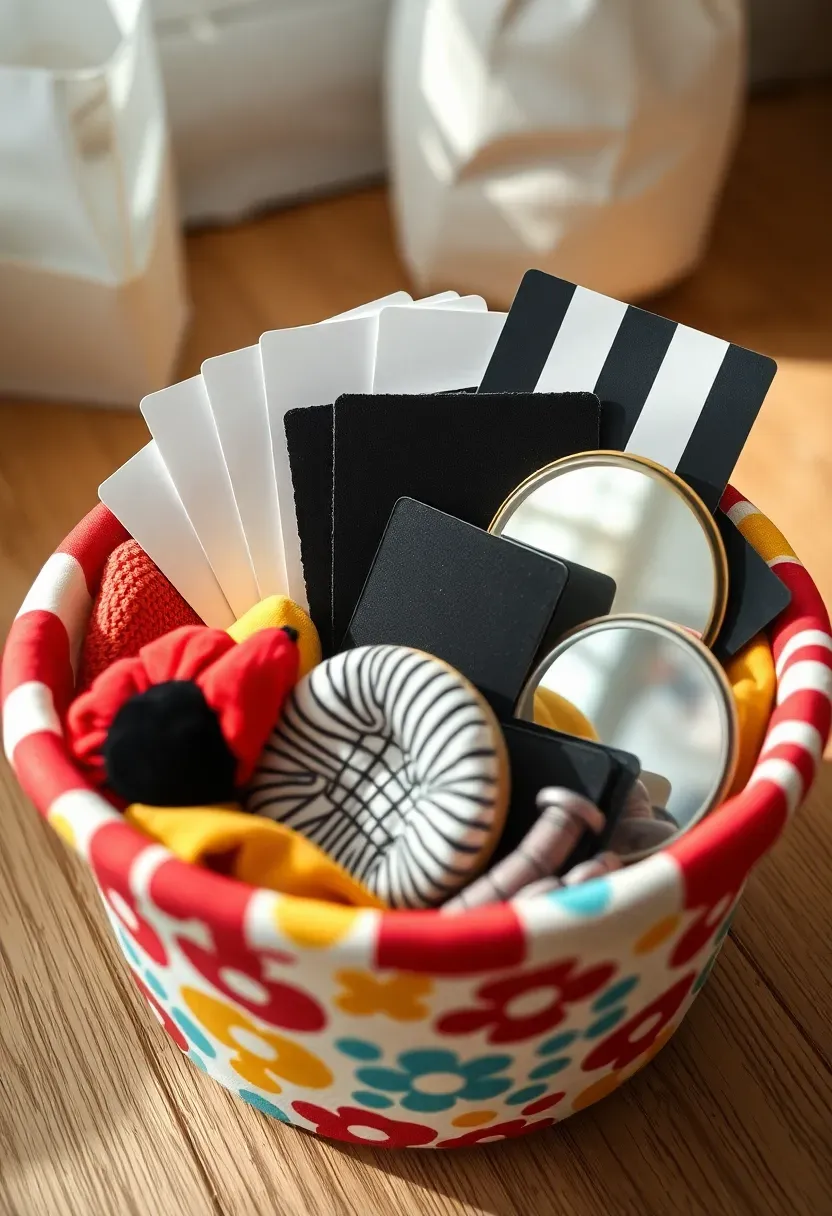 sensory development baby gift basket with high-contrast cards crinkle toys textured fabric squares and a small mirror toy in a colorful patterned basket