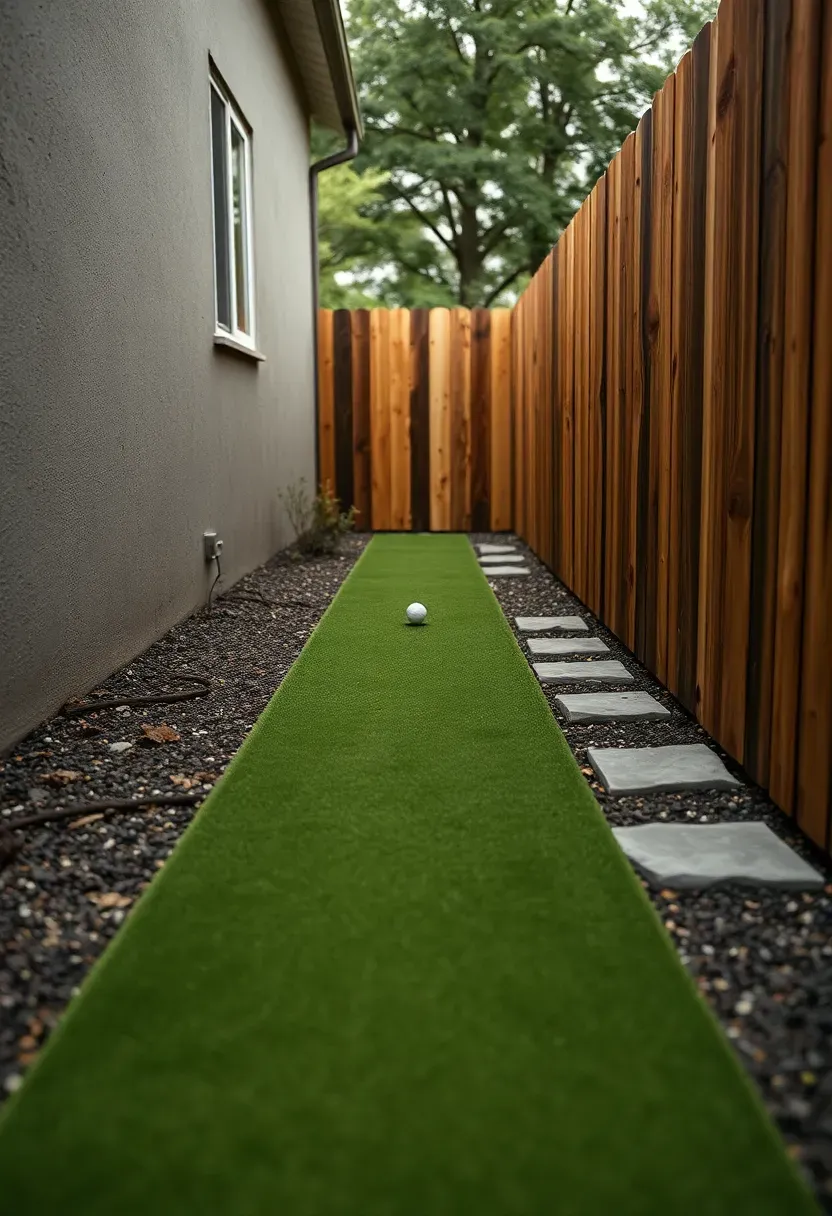 Long narrow putting green installed along a side yard between a house wall and wooden fence with stepping stones