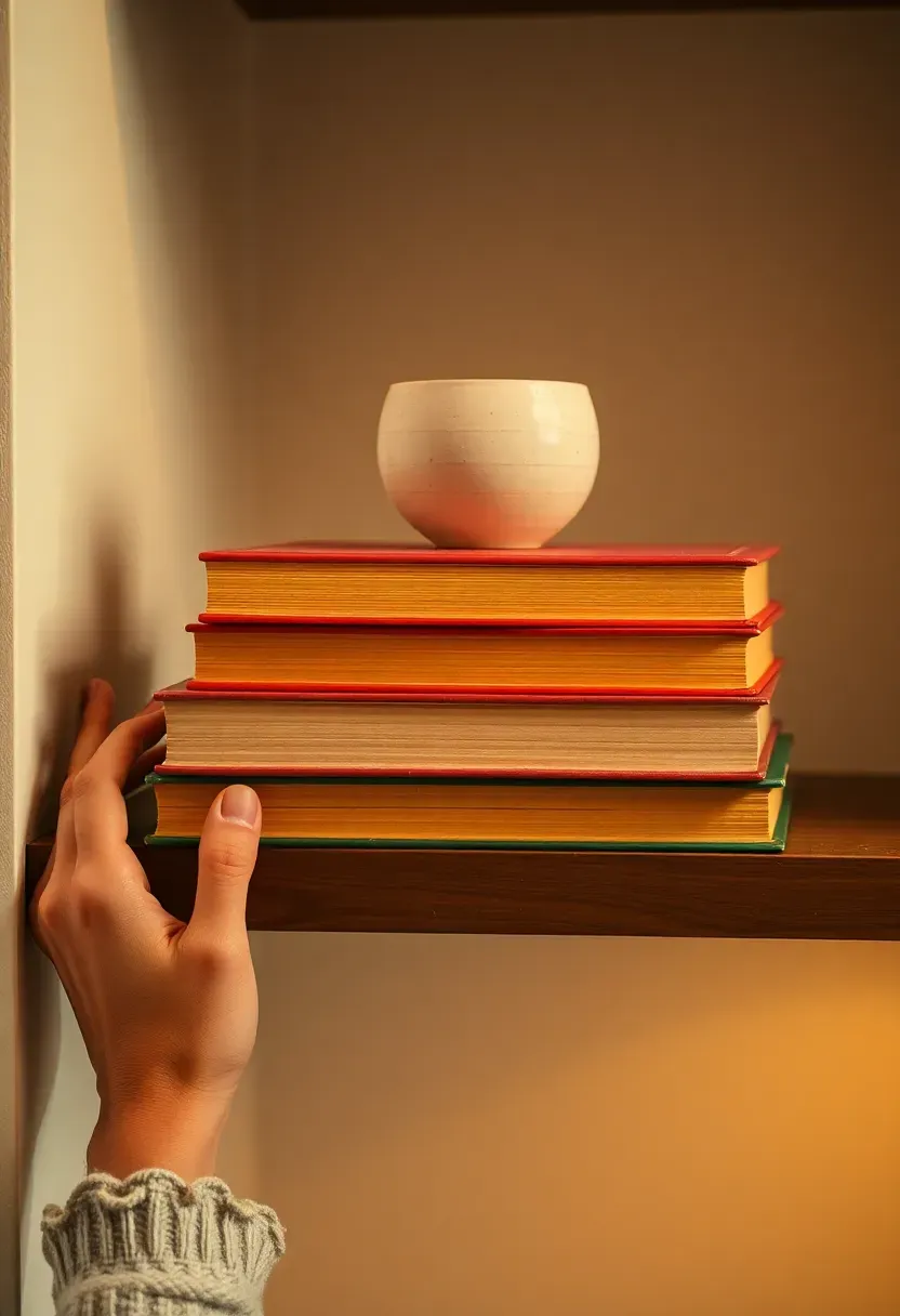 Hands stacking three books horizontally on a floating shelf, spines turned inward to show colored page edges — warm amber tones, top book with a small ceramic object balanced on the stack