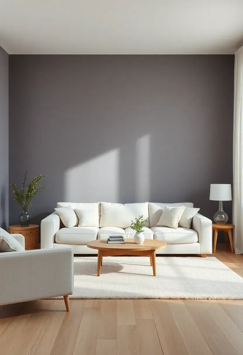 Hyper-realistic wide shot of a minimalist living room with periwinkle walls, cream sofa, light oak coffee table, and cream wool area rug. Materials: matte periwinkle paint with gray undertones, cream linen upholstery, light oak wood, cream wool rug, white linen curtains. Soft natural daylight with subtle shadows, serene and sophisticated atmosphere. Clean minimalist composition, sharp details on textures, no clutter, no text, no logos.</p>