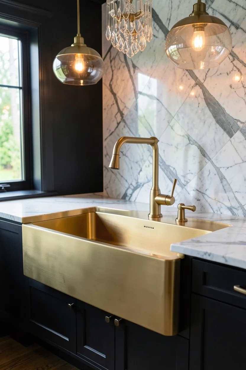Oversized polished brass farmhouse apron sink with waterfall brass faucet, marble countertop with brass edge, and dark charcoal cabinets in a luxury kitchen
