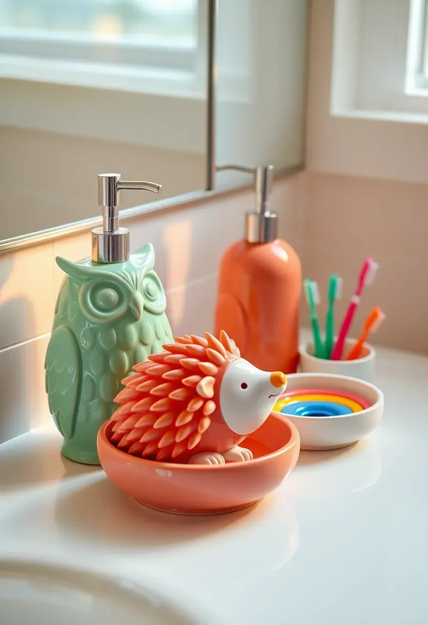 Owl-shaped ceramic soap dispenser and hedgehog toothbrush holder on a bathroom vanity countertop