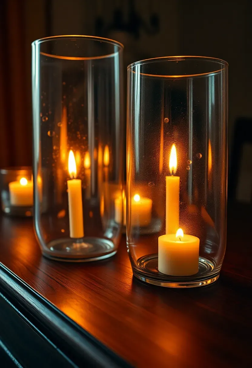 pair of blown glass hurricane lamps with candles on a colonial sideboard at dusk
