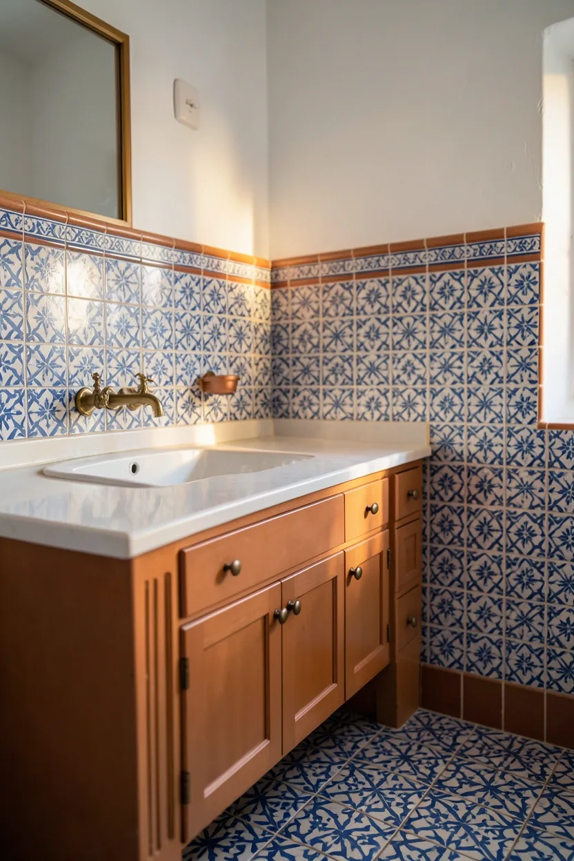Mediterranean Bloxburg bathroom with colorful patterned floor tiles in blue, white, and terracotta with plaster walls