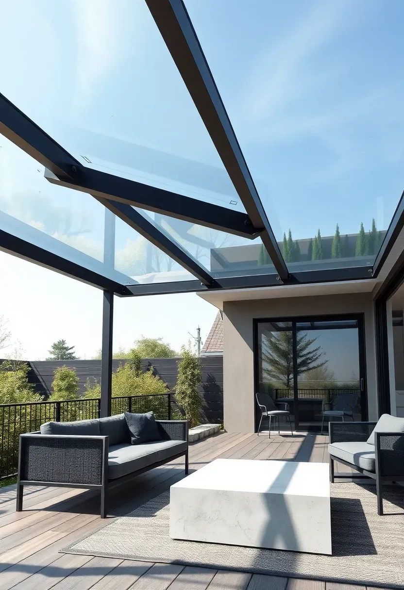 Glass canopy with slim steel frame extending over a contemporary backyard deck, showing clear sky visible through transparent panels above sleek outdoor furniture