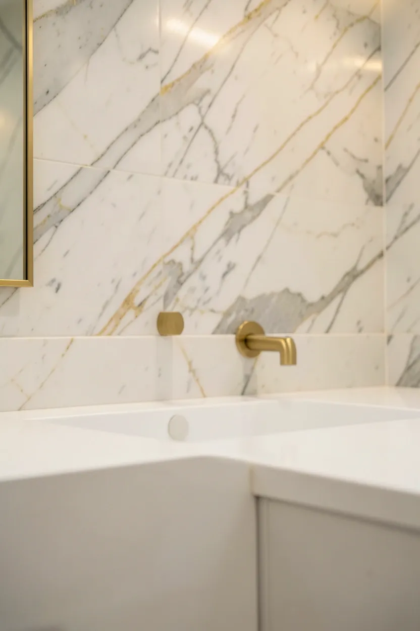 White marble feature wall with gray veining behind vanity in a Toca Boca modern mansion bathroom