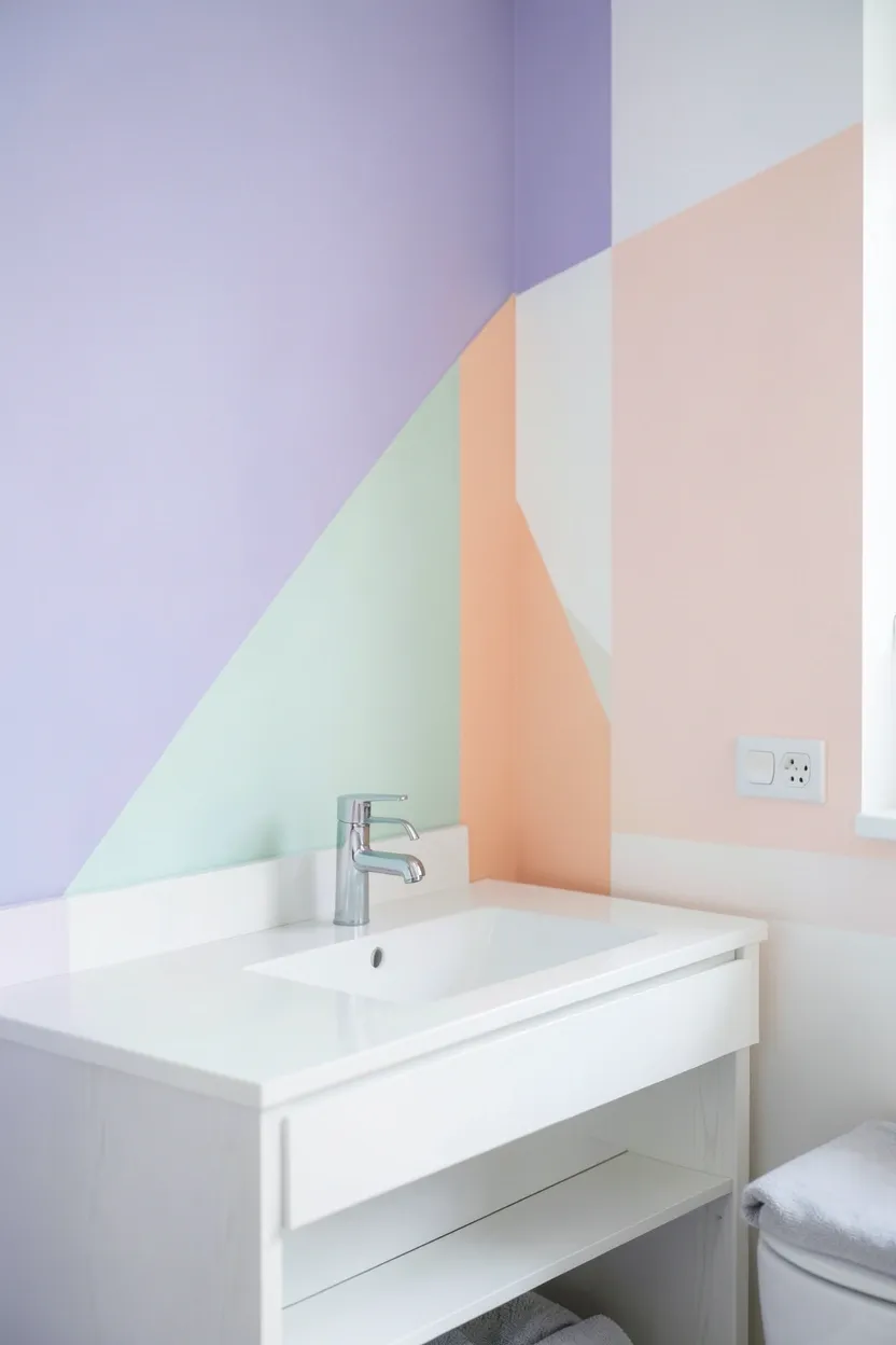 Toca Boca bathroom with soft pastel color-block wall in lavender, mint, and peach geometric sections