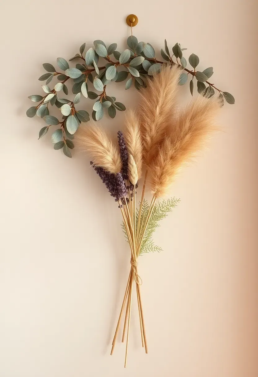 dried flower arrangement mounted on a wall with eucalyptus pampas grass and lavender bundles