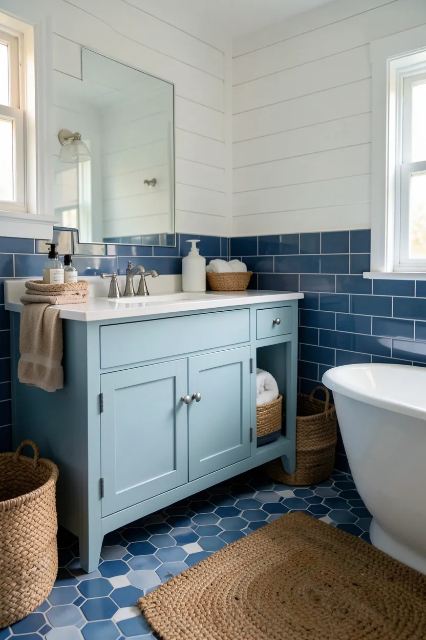 Coastal blue Bloxburg bathroom with light blue cabinetry, white shiplap, and natural woven baskets