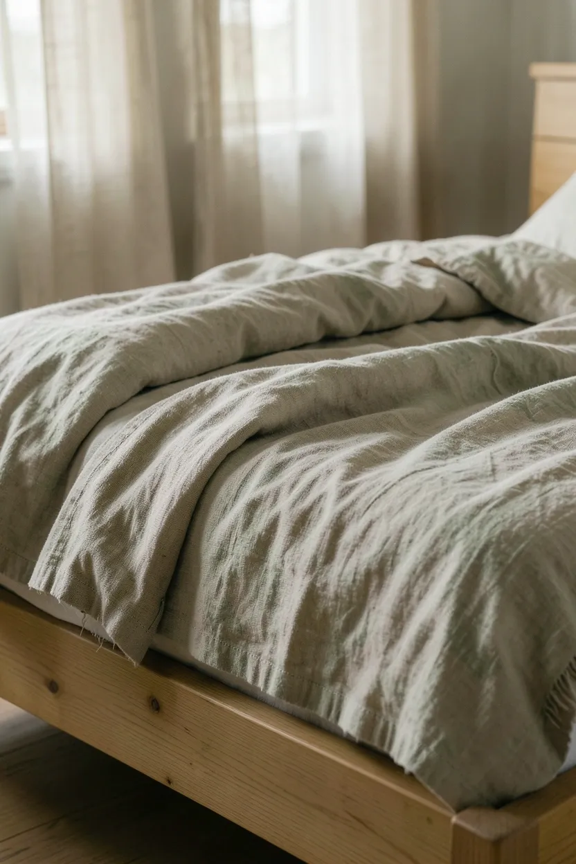Layered linen and hemp bedding in muted earth tones on a wabi sabi bedroom bed with crinkled natural texture