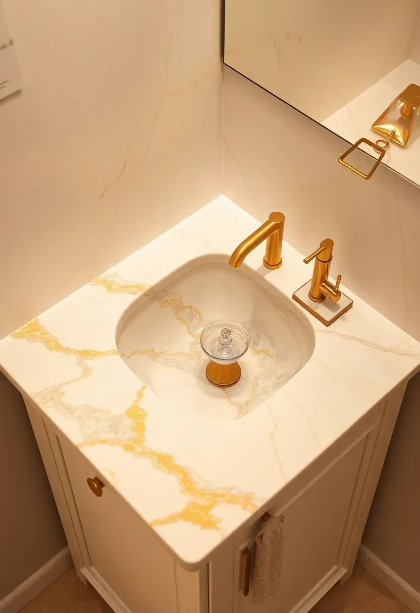 Seamless integrated marble slab sink and countertop in a luxury bathroom with gold fixtures