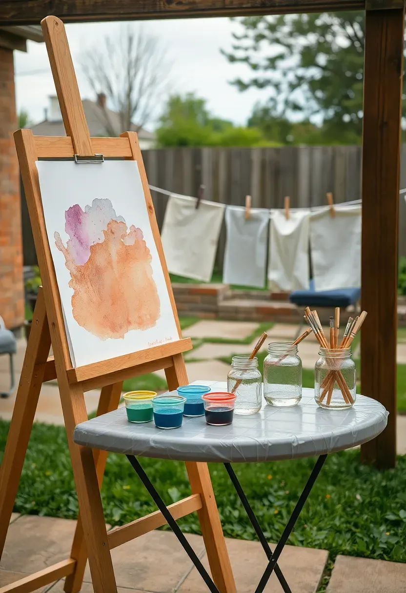 An outdoor art station for kids with a wooden easel, cups of paint, brushes, and a clothesline strung between trees displaying drying watercolor paintings