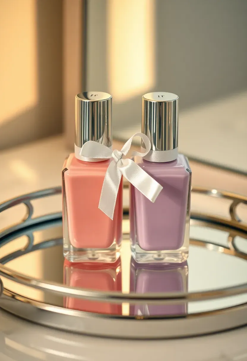 two nail polish bottles in soft pink and lavender shades tied together with a satin ribbon on a mirrored tray at a baby shower