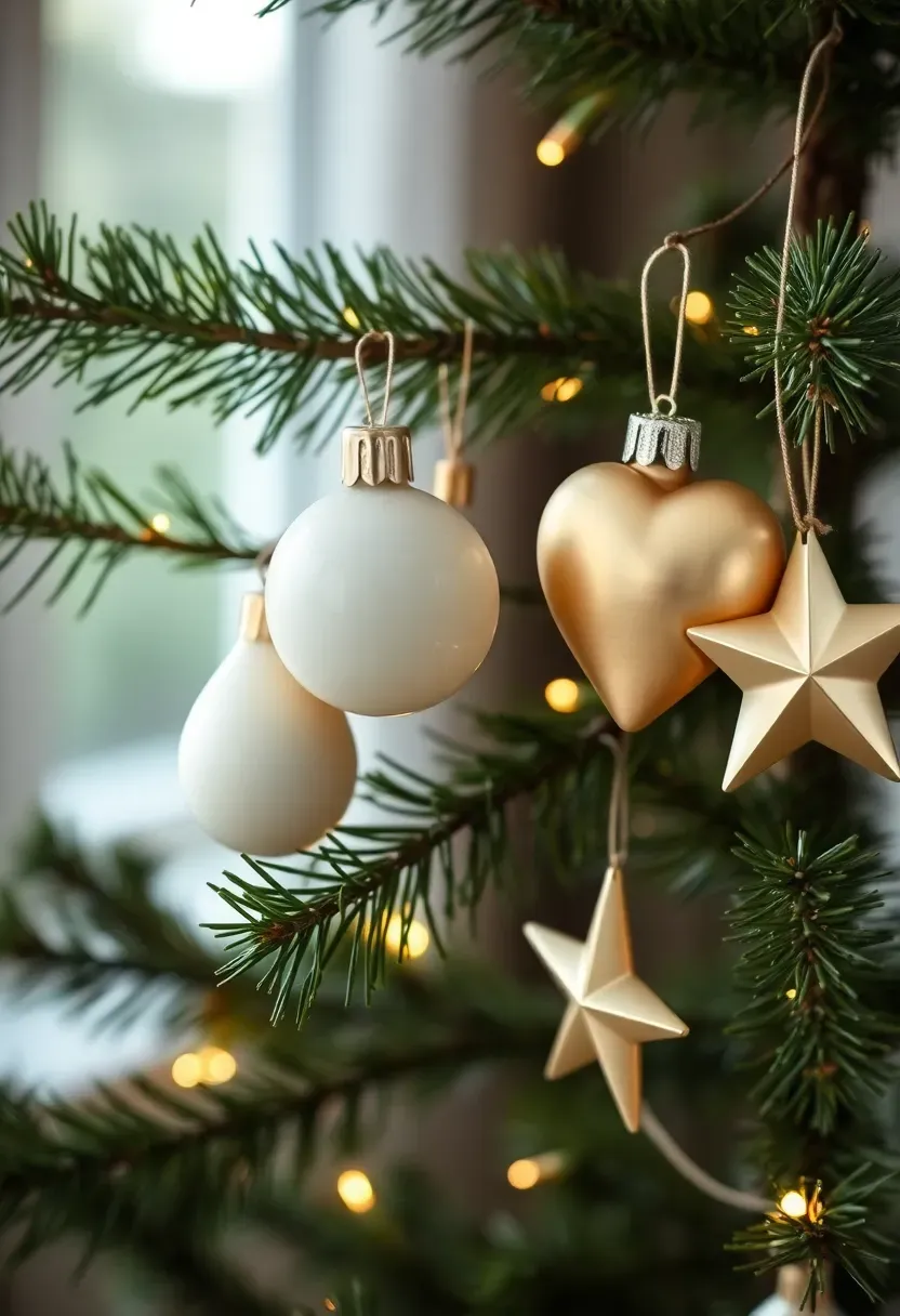 Hyper-realistic medium shot of Christmas tree branch section featuring neutral ornament collection: fresh fir branch with warm white LED lights, ornaments include matte white ceramic sphere, clear glass teardrop, brushed brass ball, cream satin finish heart, mercury glass star. Ornaments generously spaced (not crowded) showing individual shapes. Green fir needle texture visible. Background shows blurred living room. Materials: ceramic, glass, brass, satin finish, fresh fir, LED wire. Soft window light (4800K) creating subtle reflections on metallic and glass surfaces, refined minimalist mood like Dwell magazine, shallow depth of field branch details, composition showing ornament variety within neutral palette. No text logos watermarks.</p>