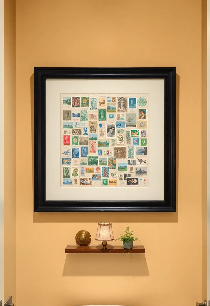 Single large frame containing a tightly arranged collage of vintage postage stamps in soft greens and blues hung on a powder room wall
