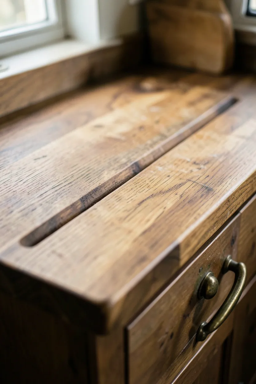 Thick end-grain butcher block countertop prep station with natural oil finish in a warm rustic farmhouse kitchen