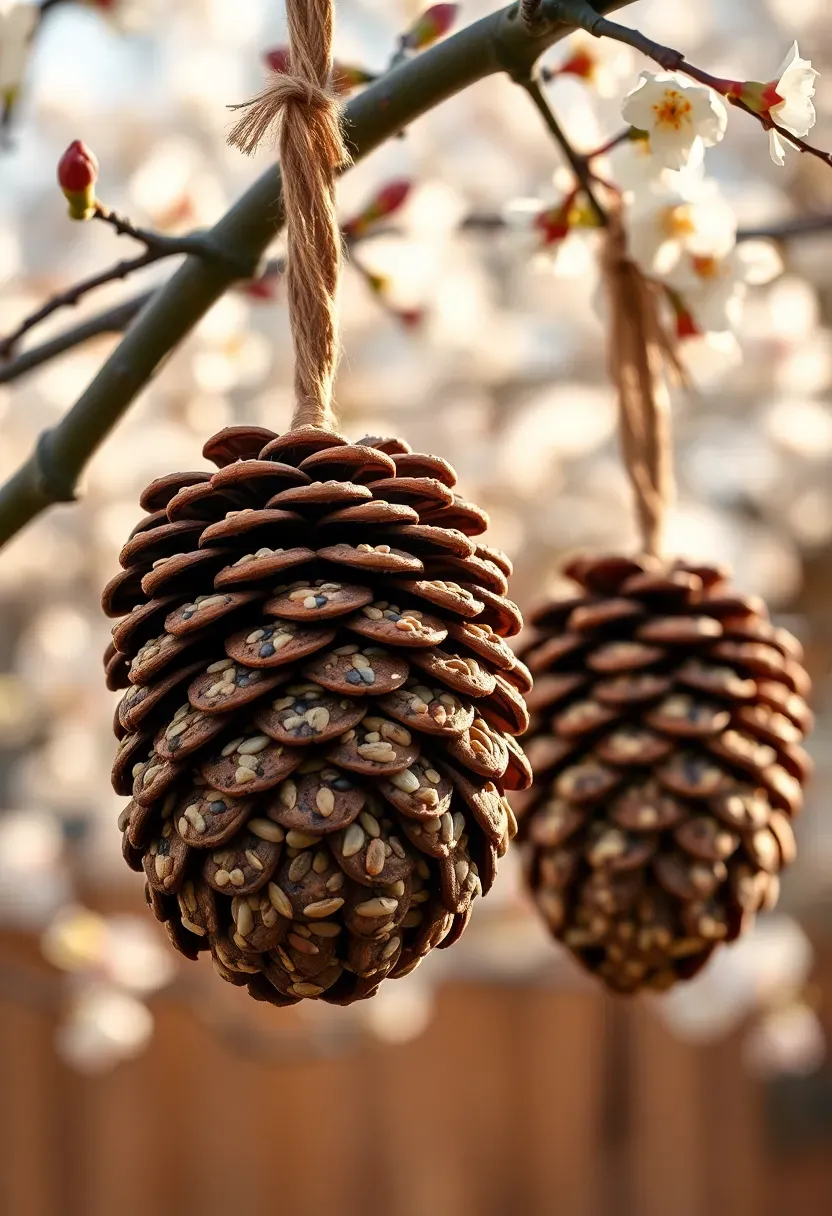 pine cone bird feeder covered in peanut butter and birdseed hanging from a tree branch with spring blossoms