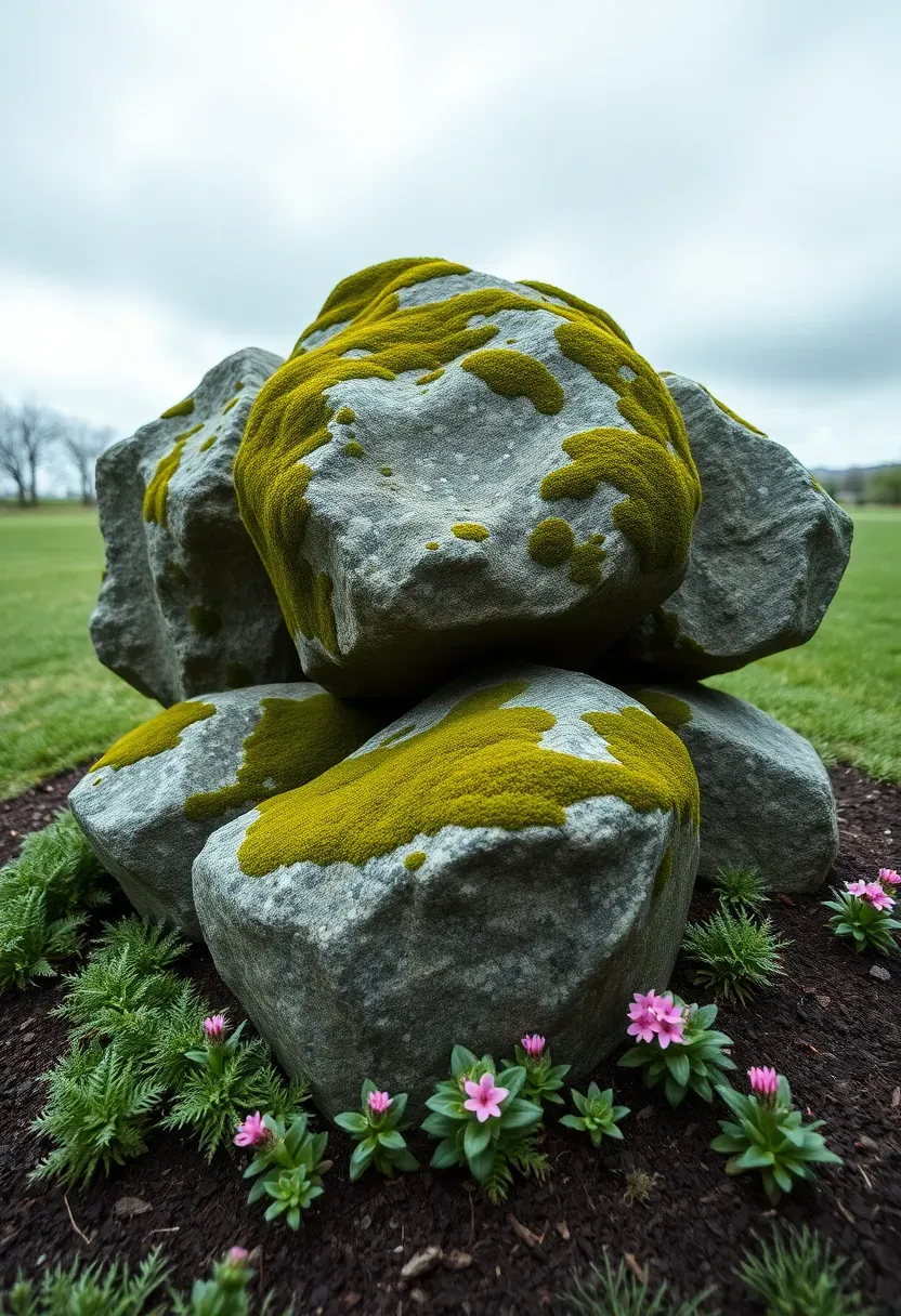 Three large moss-covered boulders arranged as a natural focal point in a backyard landscape surrounded by low ferns and creeping groundcover